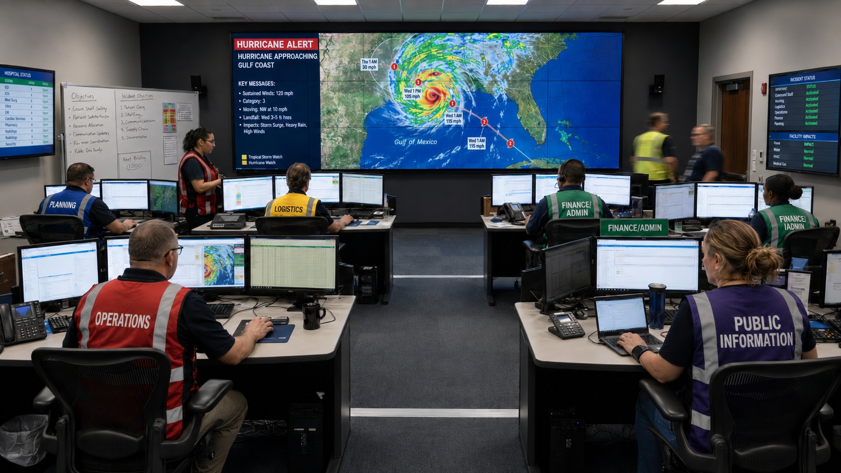 Hospital incident command center activated during a hurricane response, with Planning, Logistics, Operations, Finance/Admin, and Public Information section chiefs in color-coded vests, hospital status, incident status, and facility impacts boards, and the hurricane alert briefing on the main wall display